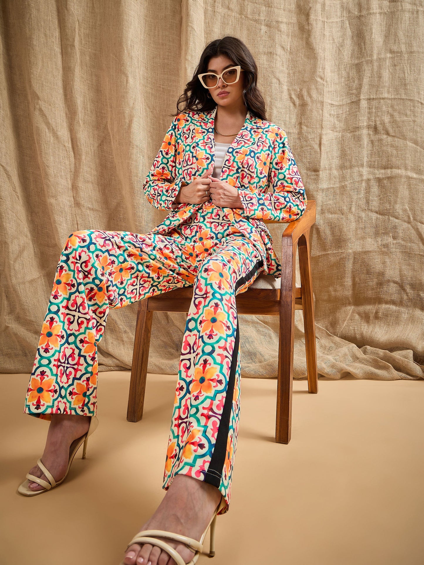 Yellow Geometrical Printed Shawl Collar Blazer