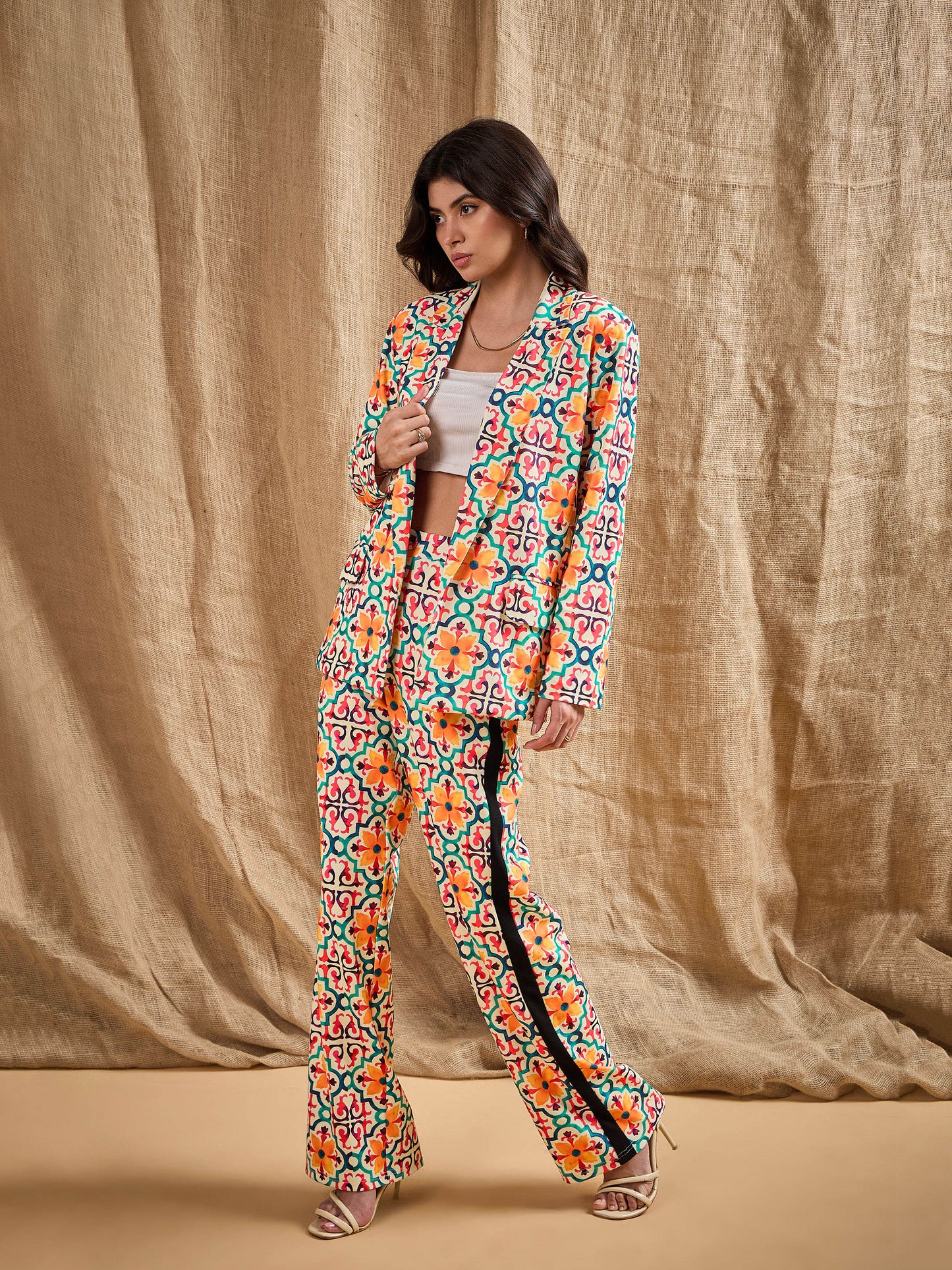 Yellow Geometrical Printed Shawl Collar Blazer
