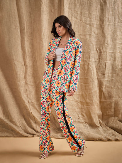 Yellow Geometrical Printed Shawl Collar Blazer