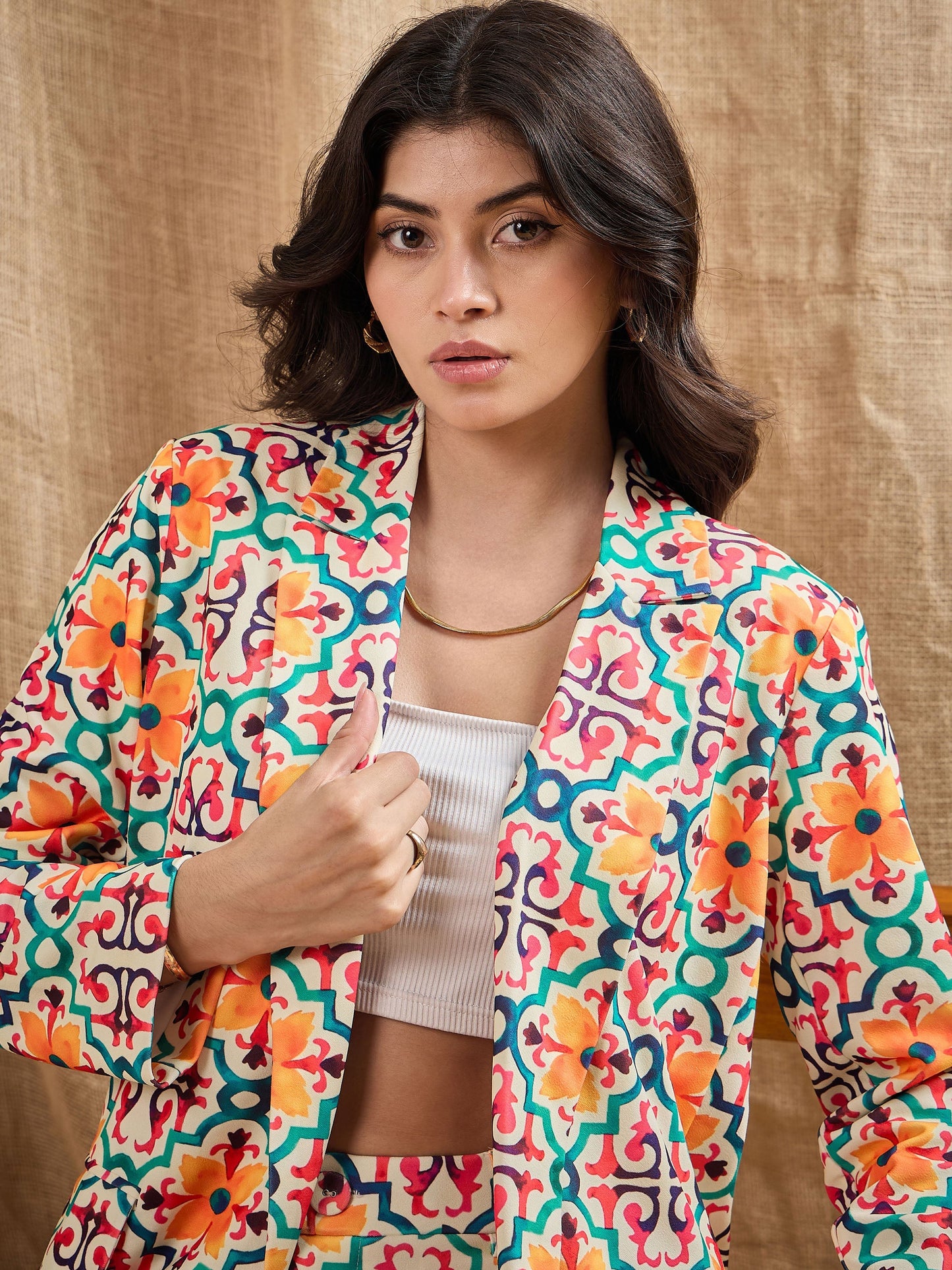 Yellow Geometrical Printed Shawl Collar Blazer