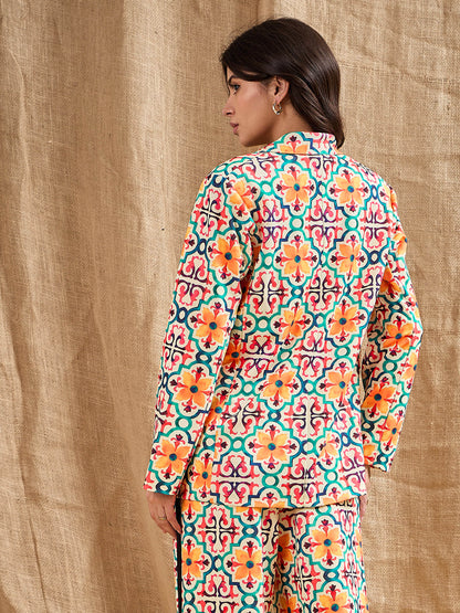 Yellow Geometrical Printed Shawl Collar Blazer