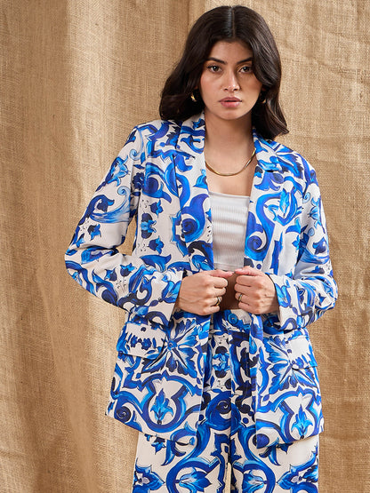 Blue Floral Printed Shawl Collar Blazer