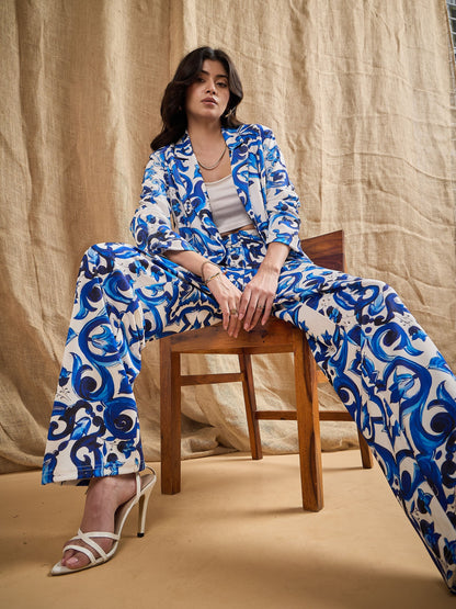 Blue Floral Printed Shawl Collar Blazer