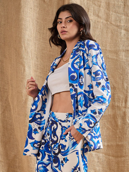 Blue Floral Printed Shawl Collar Blazer