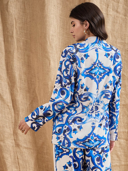 Blue Floral Printed Shawl Collar Blazer
