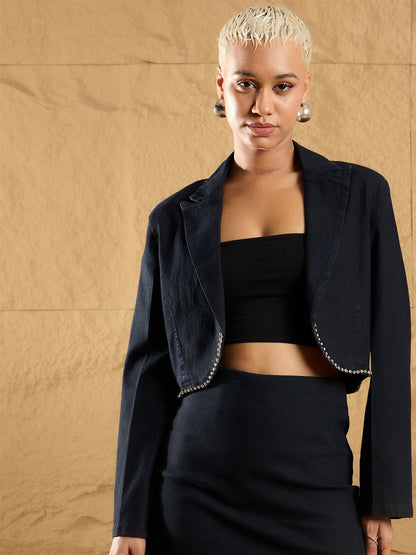 Black Denim Notch Collar Crop Blazer