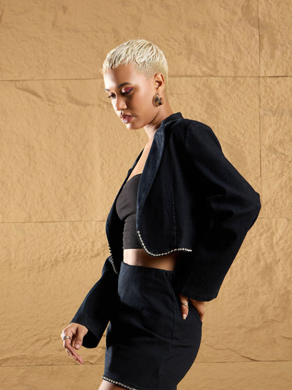 Black Denim Notch Collar Crop Blazer