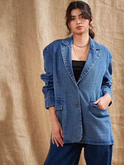 Blue Denim Washed Oversized Notch Collar Blazer