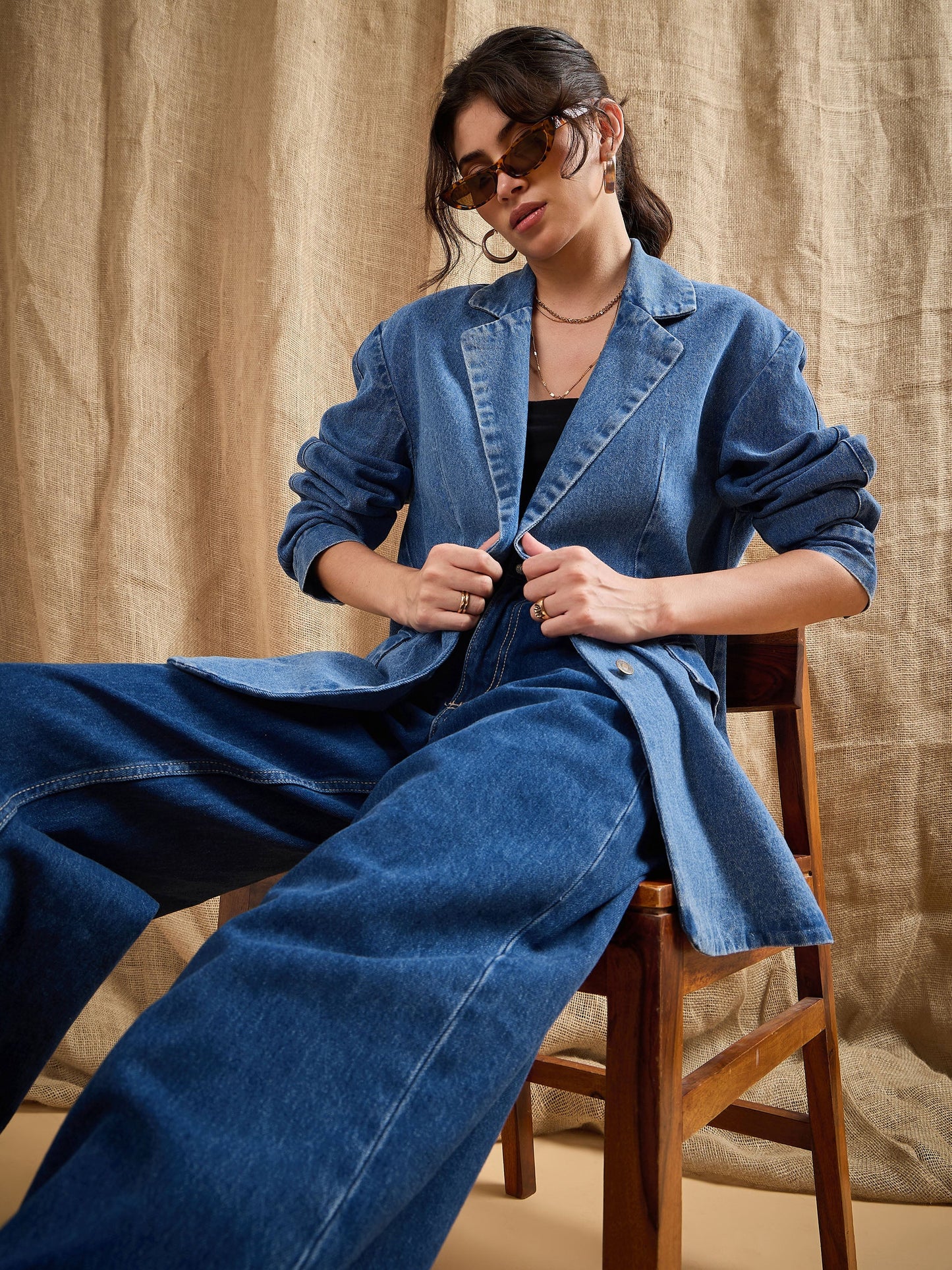 Blue Denim Washed Oversized Notch Collar Blazer