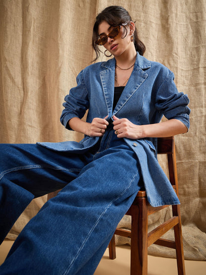 Blue Denim Washed Oversized Notch Collar Blazer