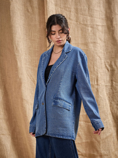 Blue Denim Washed Oversized Notch Collar Blazer