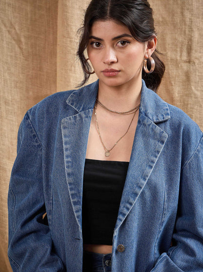 Blue Denim Washed Oversized Notch Collar Blazer