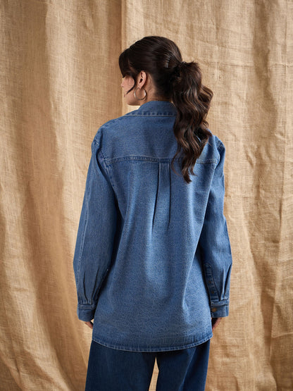 Blue Denim Washed Oversized Notch Collar Blazer