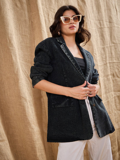 Black Denim Washed Oversized Notch Collar Blazer