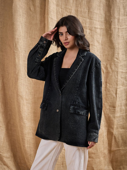 Black Denim Washed Oversized Notch Collar Blazer