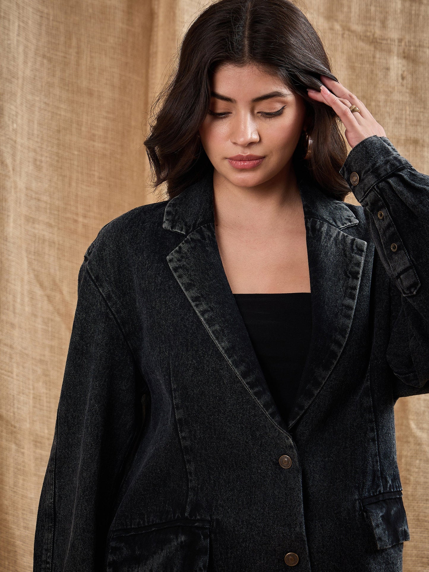Black Denim Washed Oversized Notch Collar Blazer