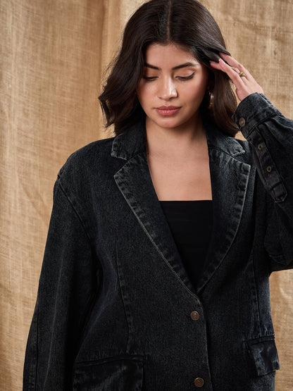 Black Denim Washed Oversized Notch Collar Blazer
