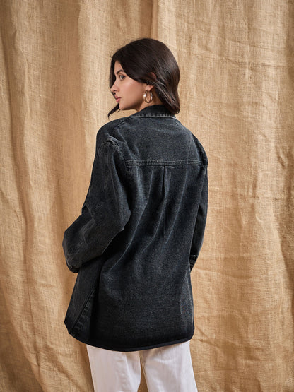 Black Denim Washed Oversized Notch Collar Blazer