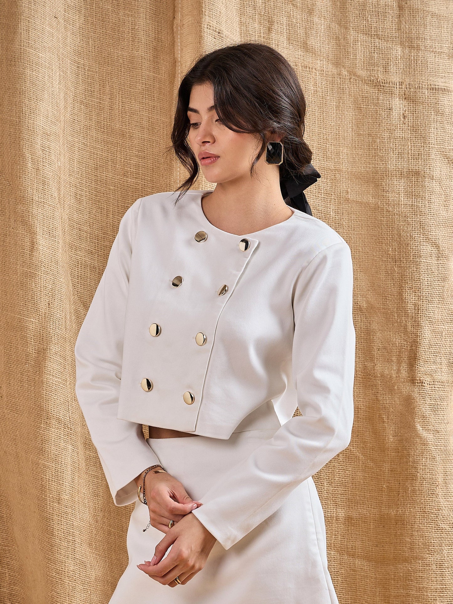 White Twiill Double Breasted Crop Blazer