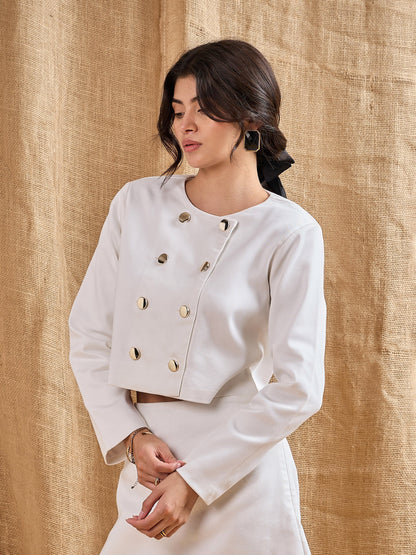 White Twiill Double Breasted Crop Blazer