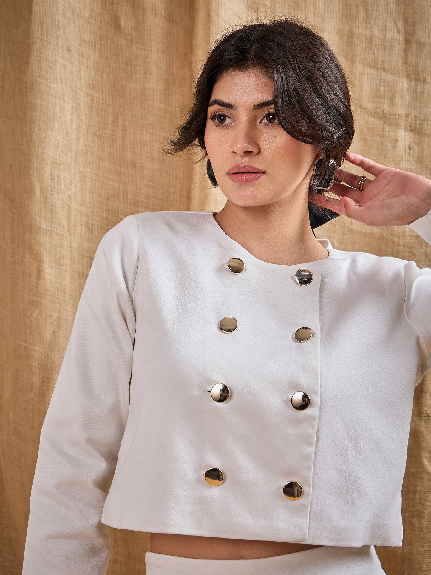 White Twiill Double Breasted Crop Blazer