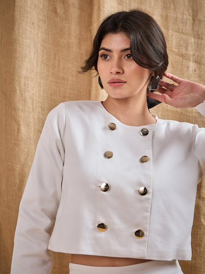 White Twiill Double Breasted Crop Blazer