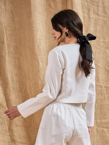White Twiill Double Breasted Crop Blazer