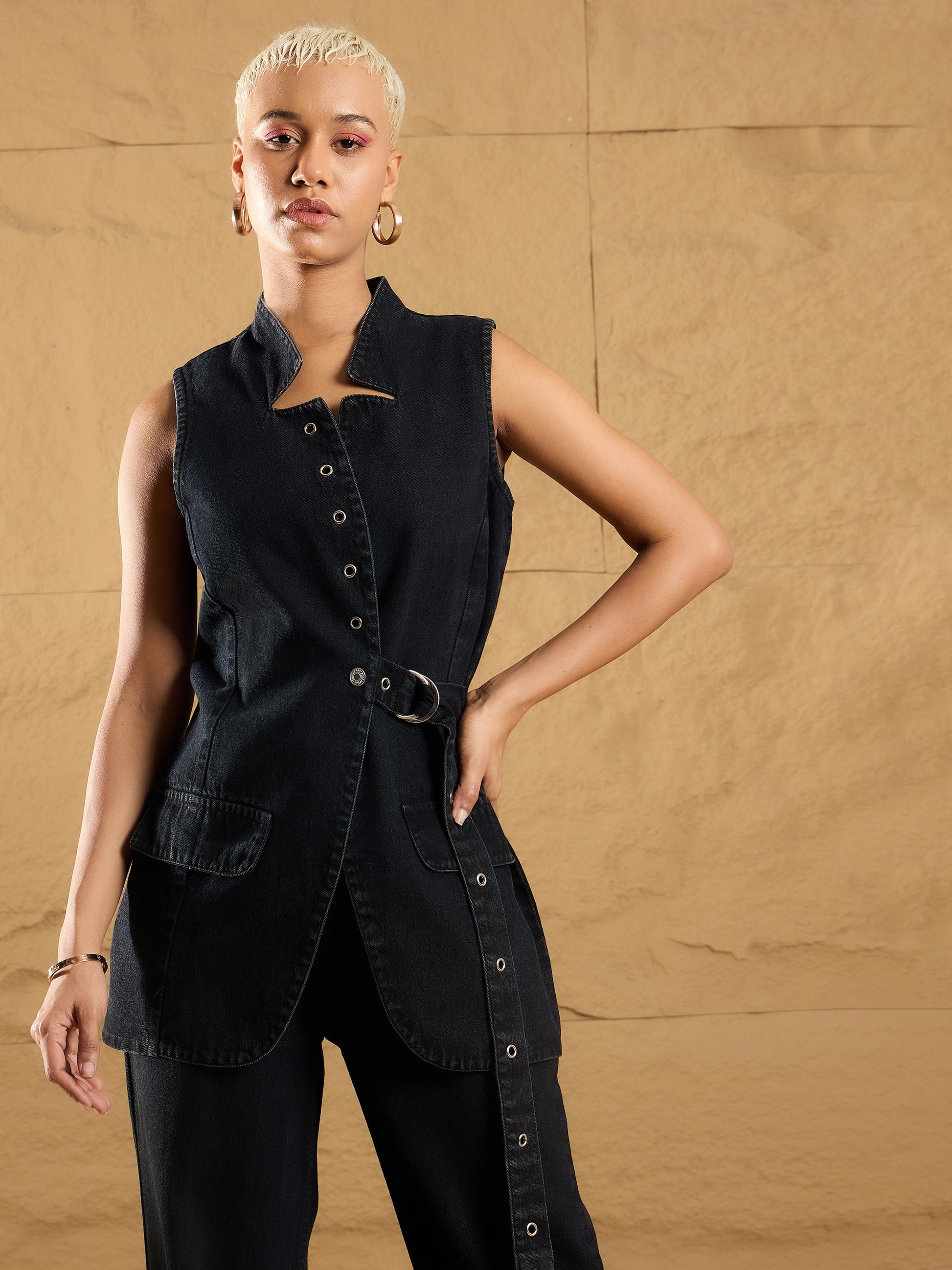 Women's Women Black Wash Denim Eyelet Sleeveless Jacket in Cotton by Sassafras for wholesale, bulk, supplier, manufacturer and wholesaler buyers from Trendphoria