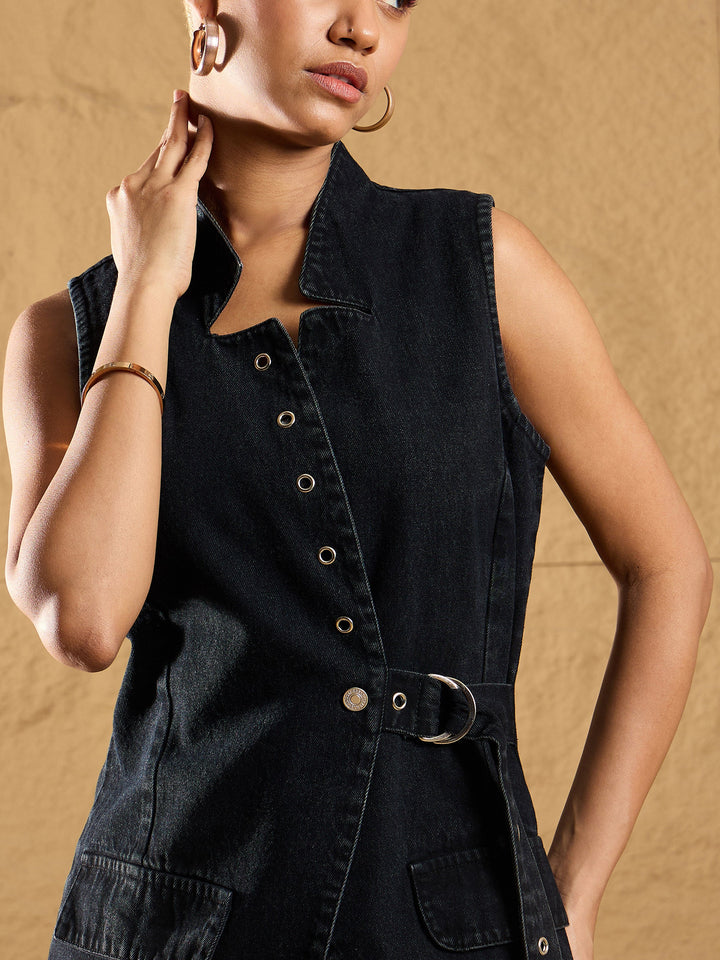 Women Black Wash Denim Eyelet Jacket With Straight Fit Jeans