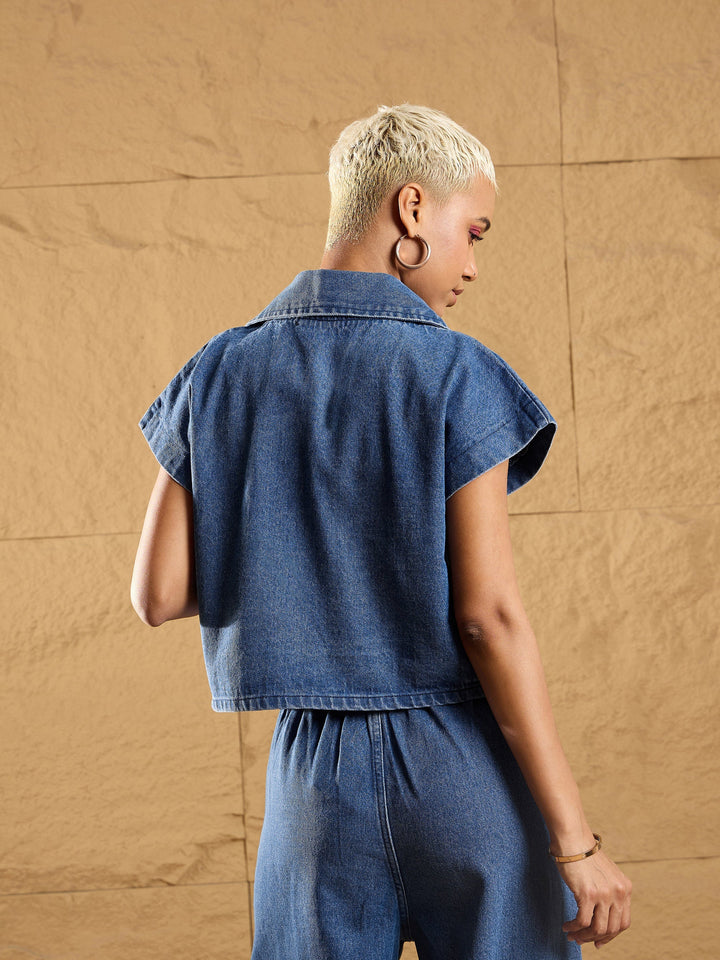 Women Blue Denim Washed Gilet With Straight Fit Jeans