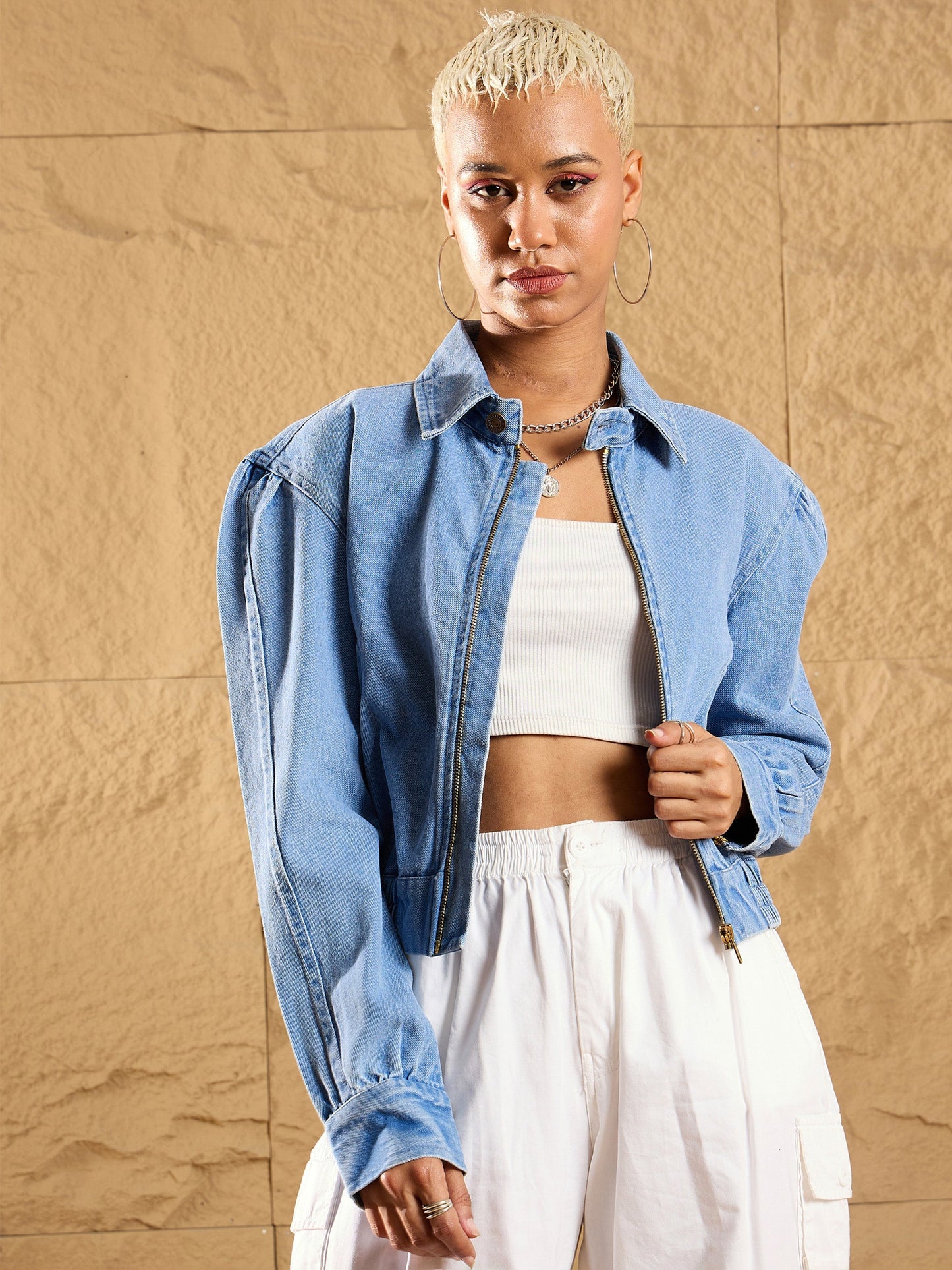 Blue Washed Zipper Biker Crop Jacket