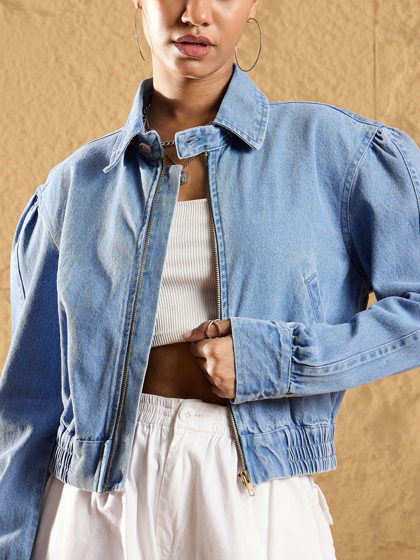 Blue Washed Zipper Biker Crop Jacket