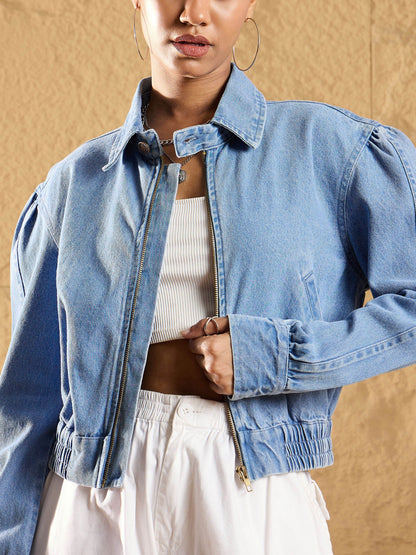 Blue Washed Zipper Biker Crop Jacket