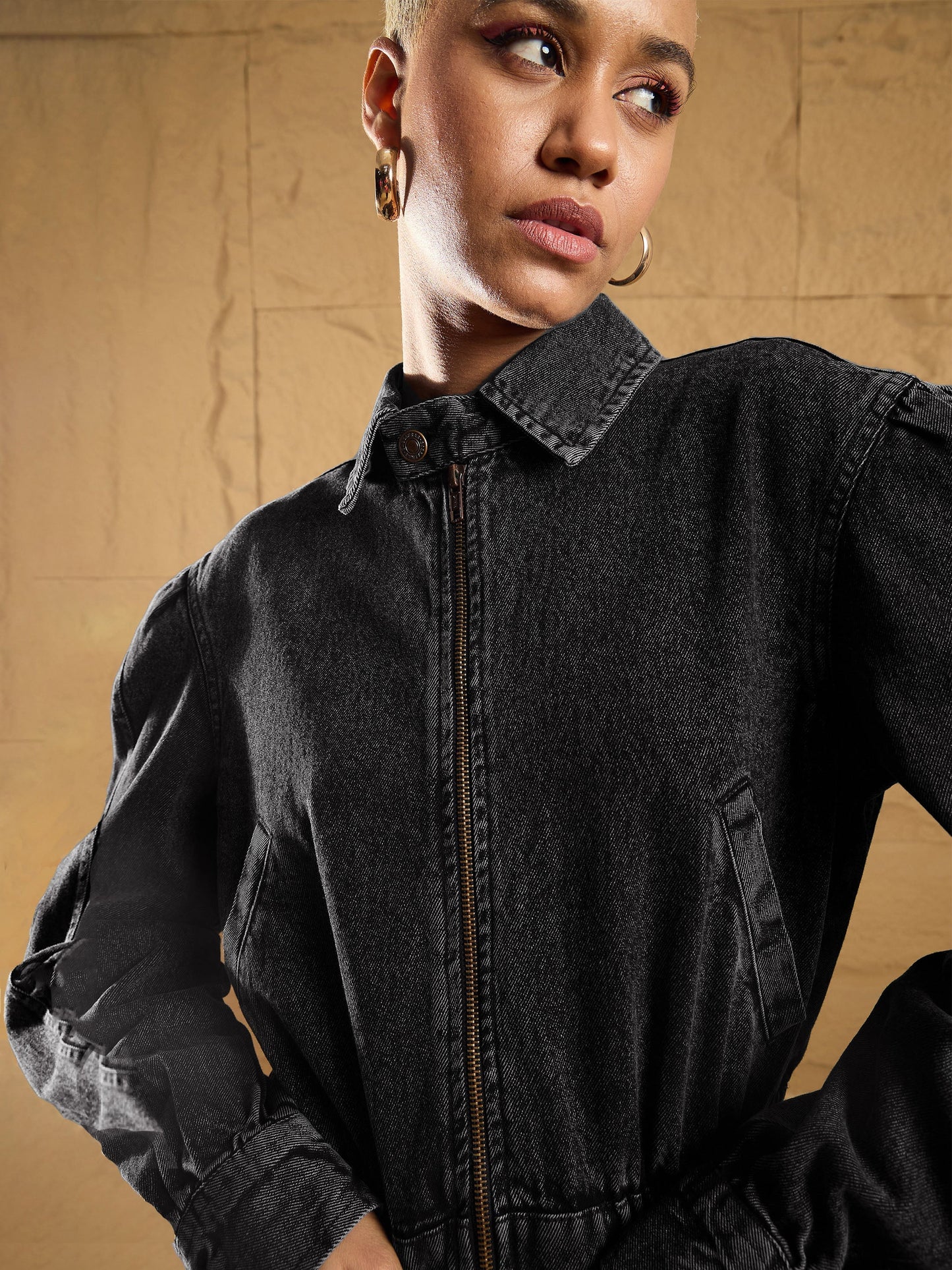 Black Washed Zipper Biker Crop Jacket