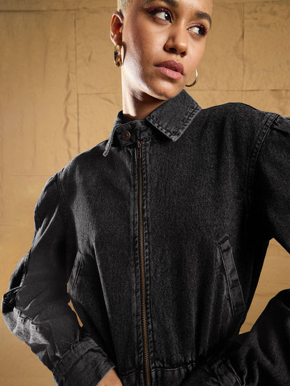 Black Washed Zipper Biker Crop Jacket