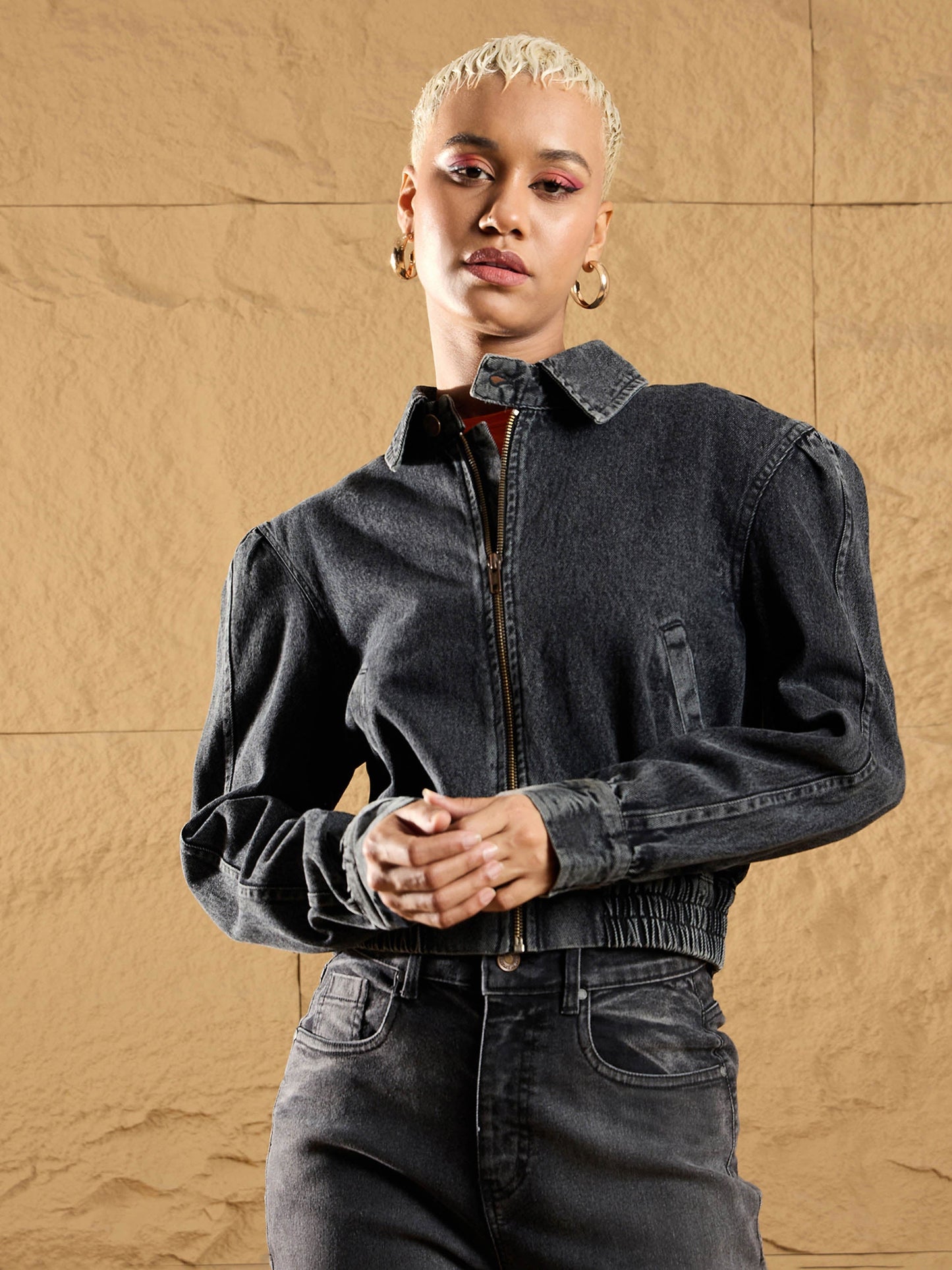 Black Washed Zipper Biker Crop Jacket