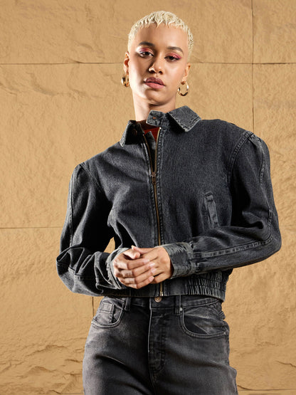 Black Washed Zipper Biker Crop Jacket