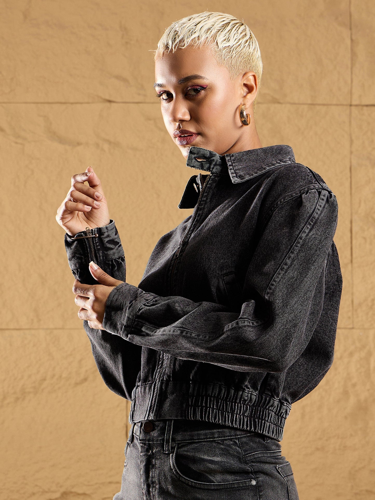 Black Washed Zipper Biker Crop Jacket