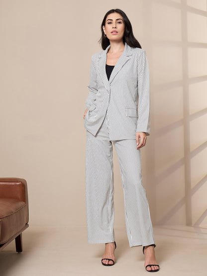 White Striped Front Button Blazer