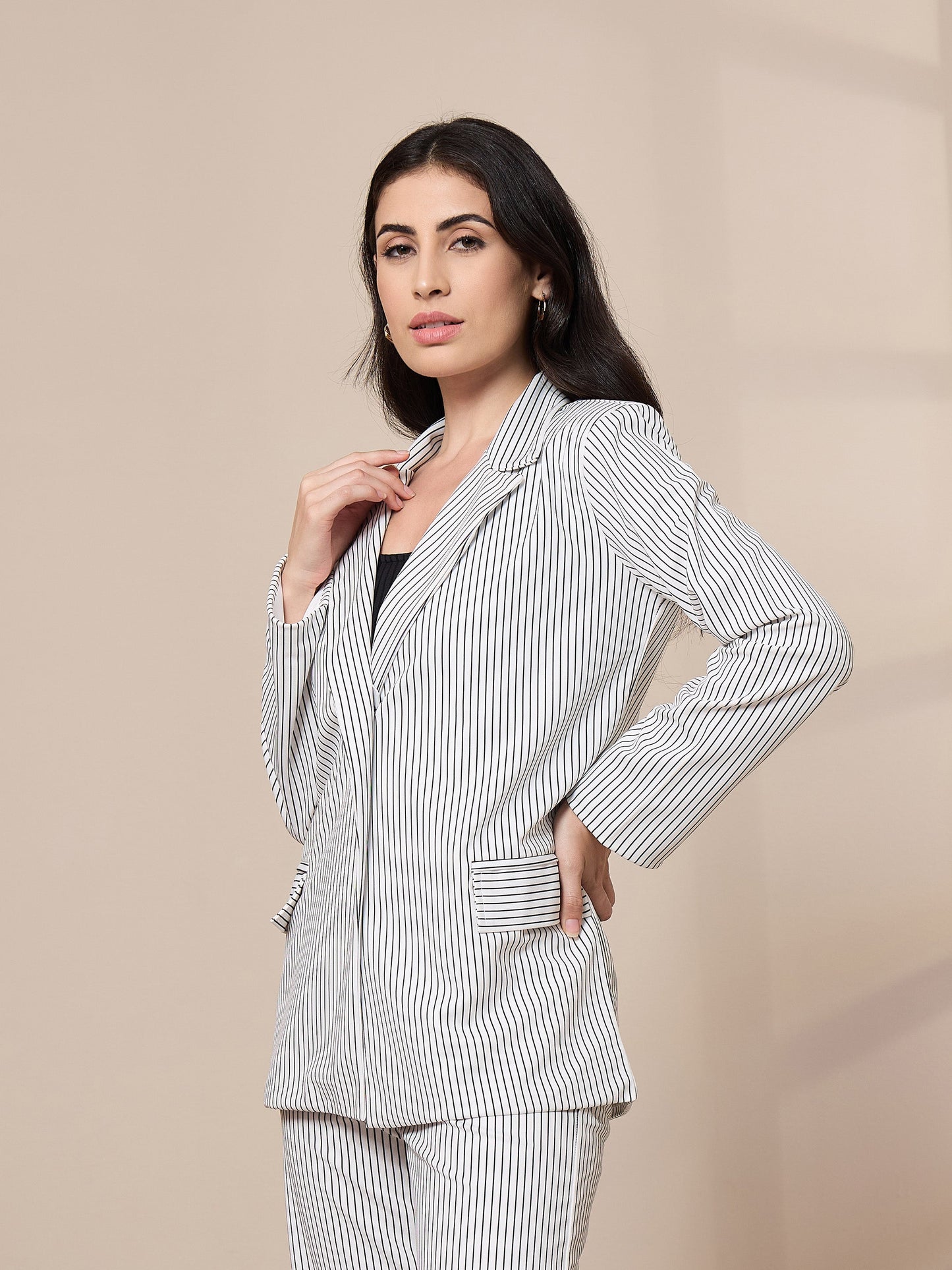 White Striped Front Button Blazer
