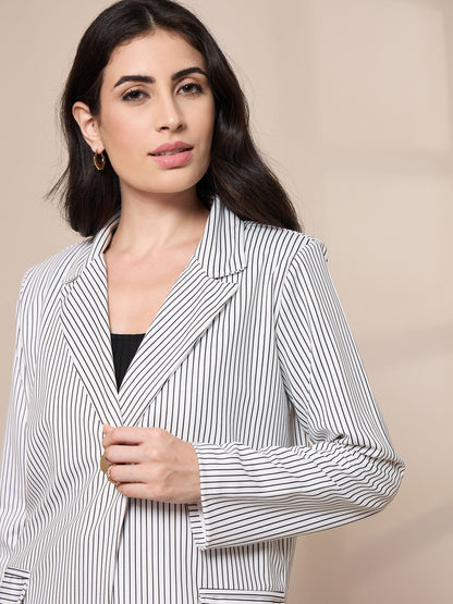 White Striped Front Button Blazer