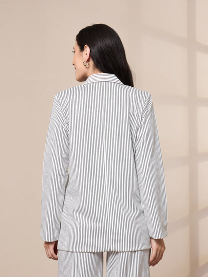 White Striped Front Button Blazer
