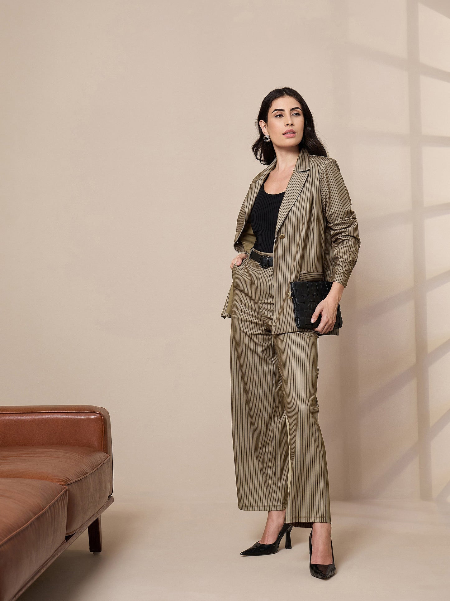 Beige Striped Front Button Blazer