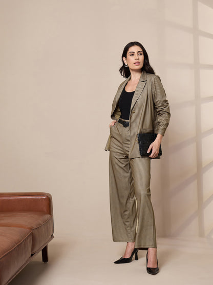 Beige Striped Front Button Blazer