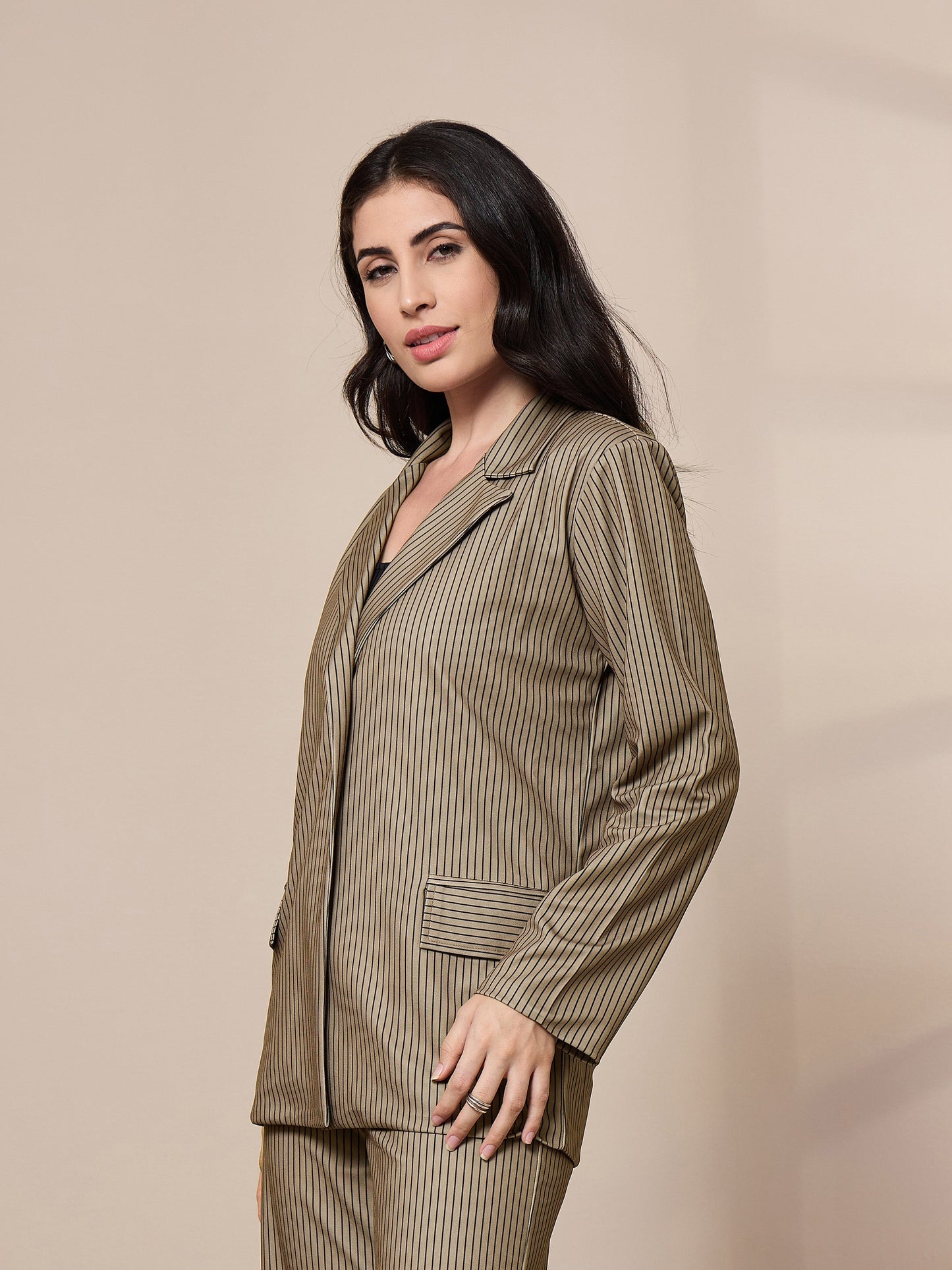 Beige Striped Front Button Blazer