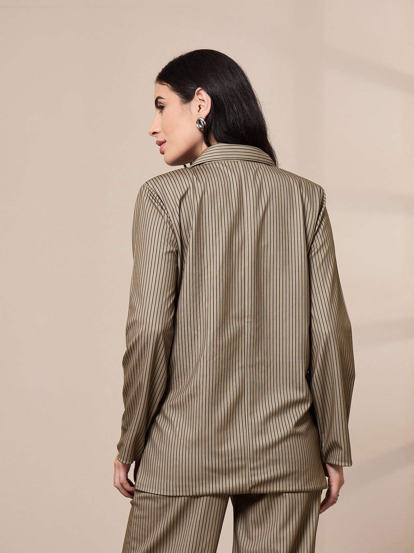 Beige Striped Front Button Blazer