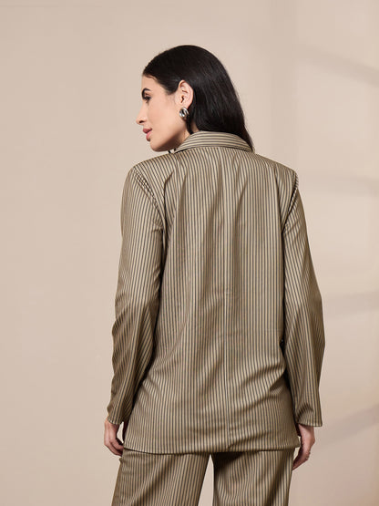 Beige Striped Front Button Blazer