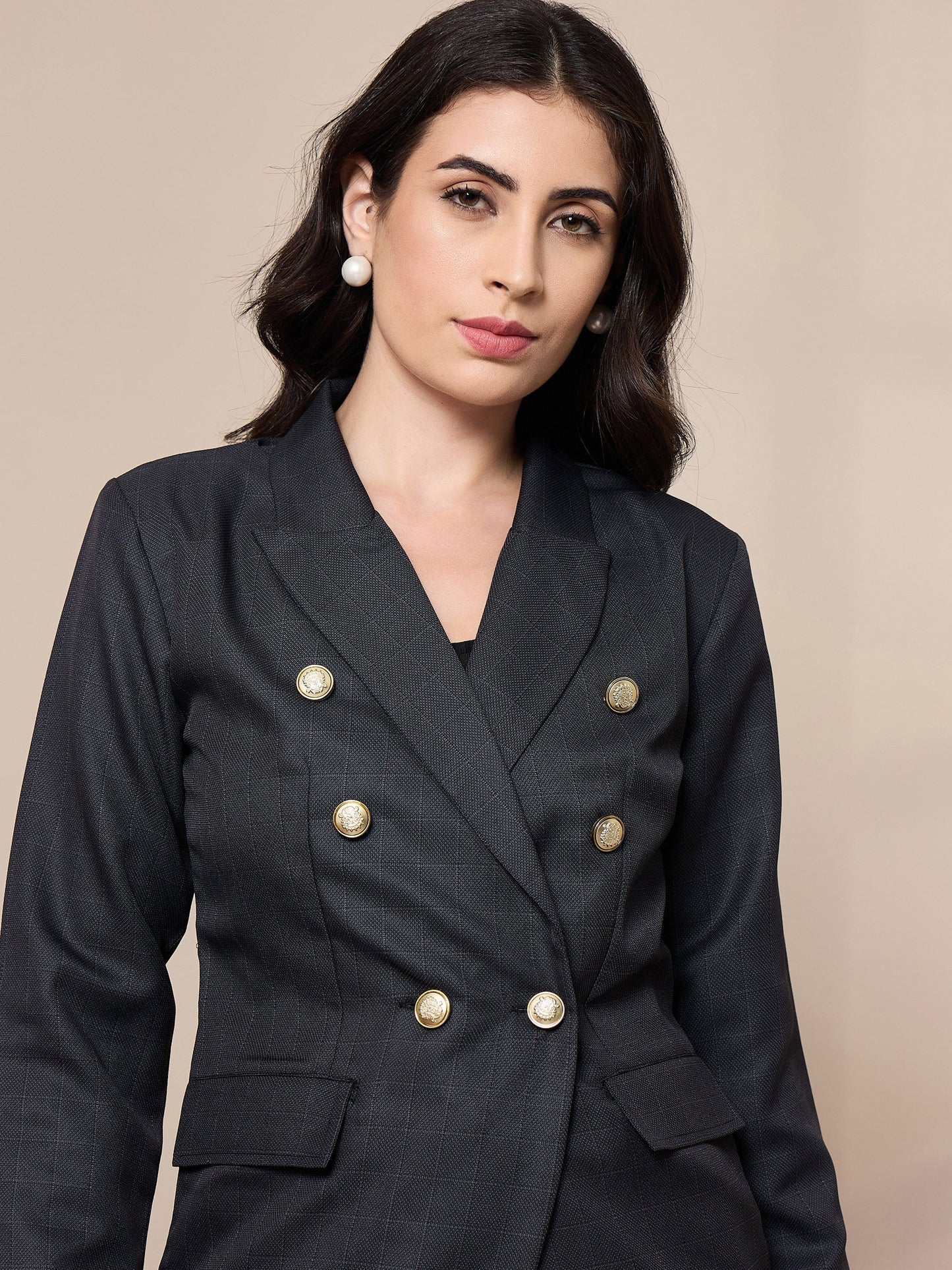 Grey Double-Breasted Check Blazer