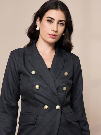 Grey Double-Breasted Check Blazer