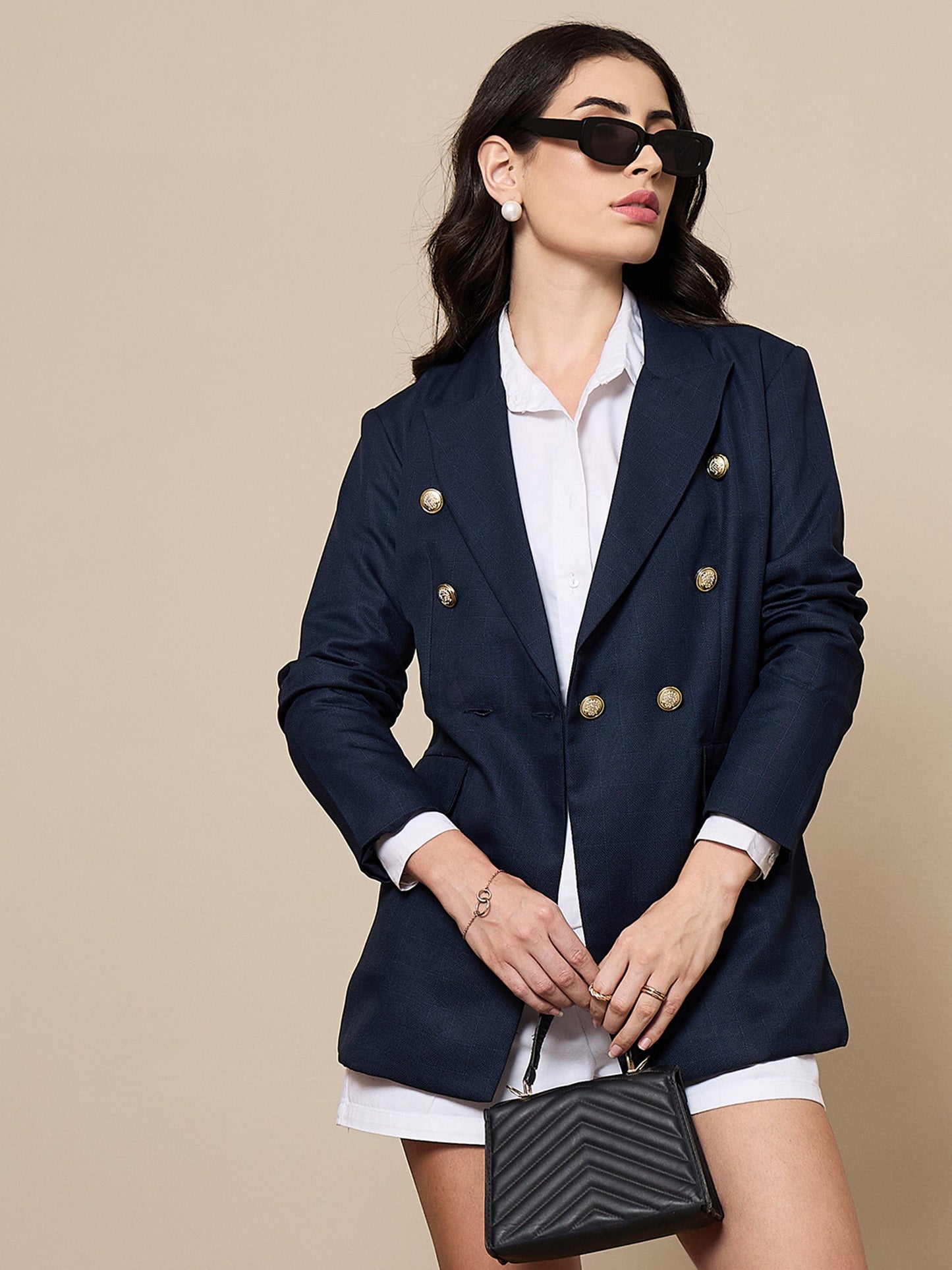 Navy Double-Breasted Check Blazer